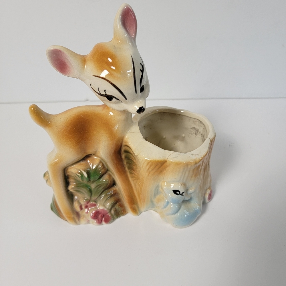 Vintage Walt Disney Bambi & Thumper Ceramic Glazed Planter Hand Painted 1950's
